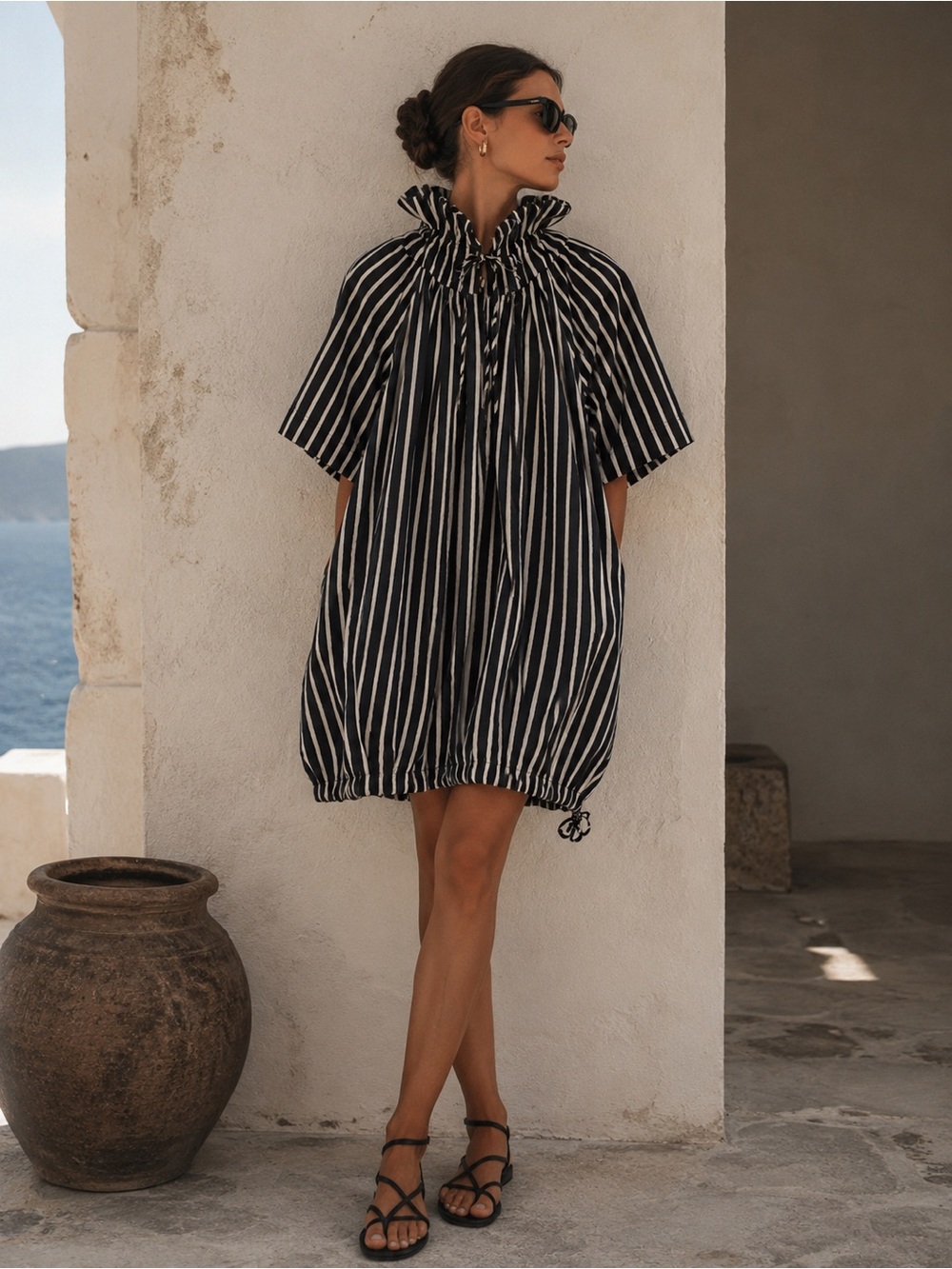 Marimekko Signature Striped Cotton Tunic Dress | Black + White Stripe